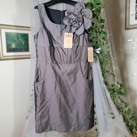 NUE by Shani Gunmetal Midi Dress Size 12 Flower Pin Pockets Shapewear NWT $320 - Picture 1 of 8